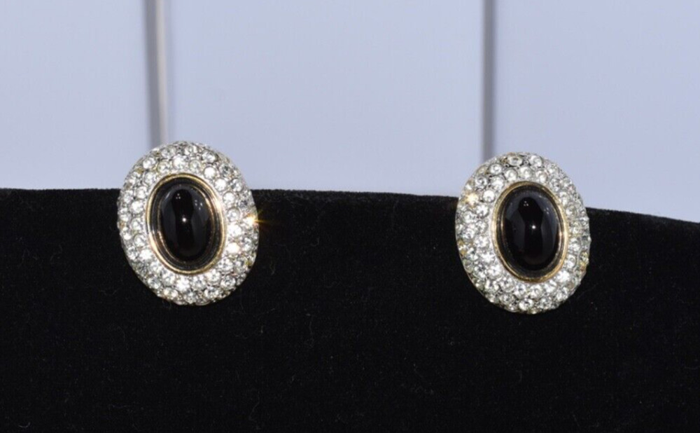 Vintage JL Aldenkamp Faux Black Onyx Diamante Rhinestone Clip-On Earrings 1980s
